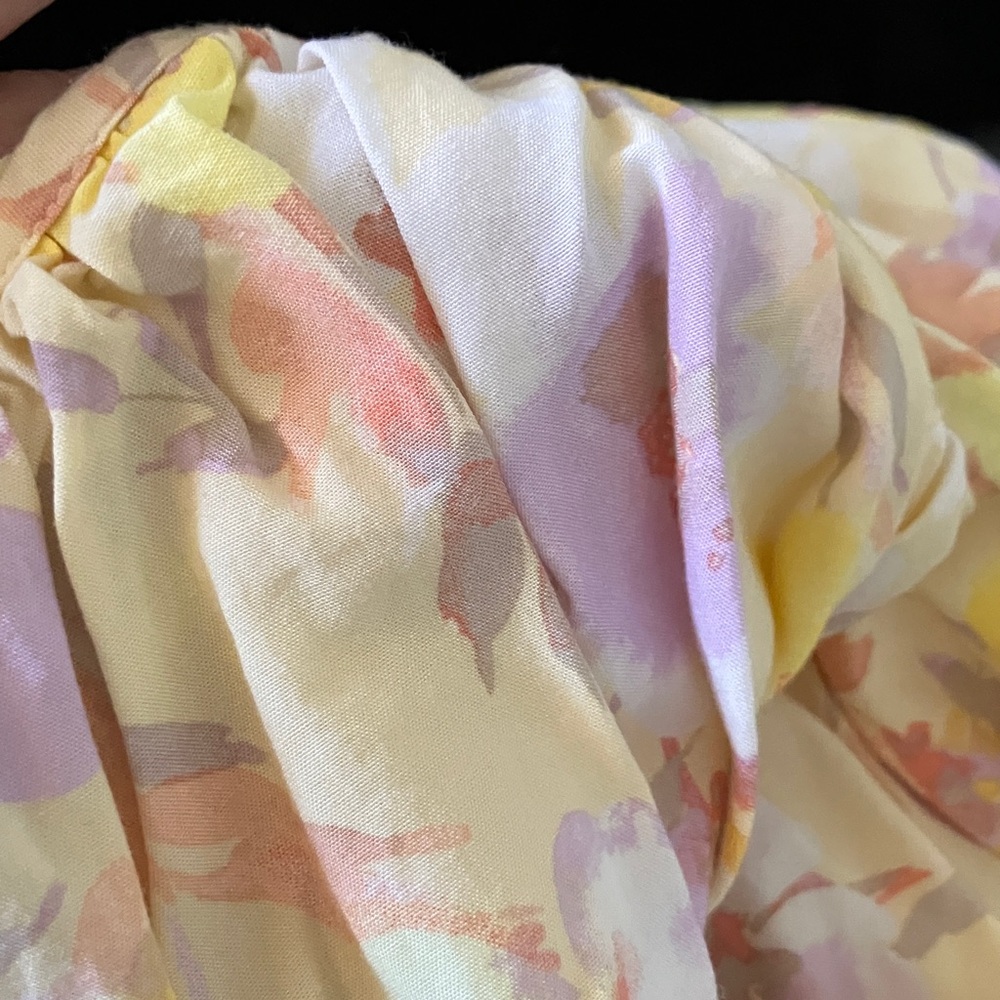 GAP Floral Mini Dress in Light Pink and Yellow Sweetheart neckline puffy sleeves - Picture 8 of 9